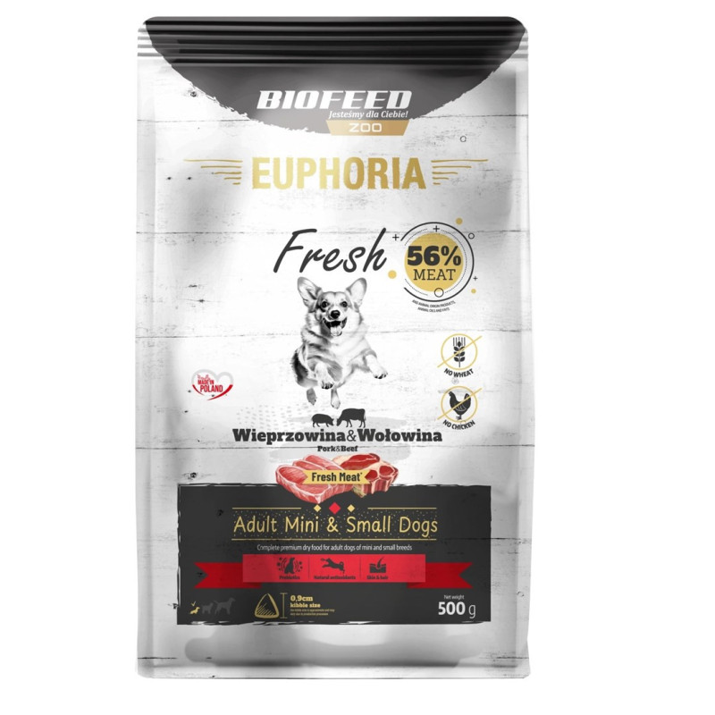 BIOFEED Euphoria Fresh Adult kiaulienos ir jautienos sausas šunų ėdalas XS / S - 500 g