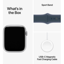 „Apple Watch Series 9 Cellular“ 45 mm sidabrinis nerūdijančio plieno / audros mėlynumo dirželis – S / M