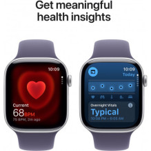 „Apple Watch Series 11“ 46 mm sidabro / violetinės spalvos rūko sportinis dirželis – M / L