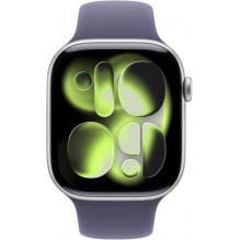 „Apple Watch Series 11“ 46 mm sidabro / violetinės spalvos rūko sportinis dirželis – S / M