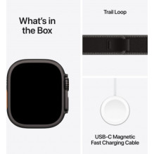 „Apple Watch Ultra 3“, 49 mm, juodo titano spalvos / juodos spalvos / anglies spalvos „Trail Loop“ – S / M