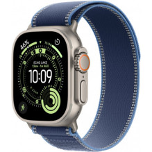„Apple Watch Ultra 3“ (49 mm) natūralaus titano spalvos / mėlynas / ryškiai mėlynas „Trail Loop“ dirželis – S / M