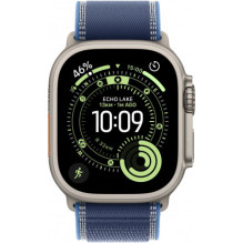 „Apple Watch Ultra 3“ (49 mm) natūralaus titano spalvos / mėlynas / ryškiai mėlynas „Trail Loop“ dirželis – S / M