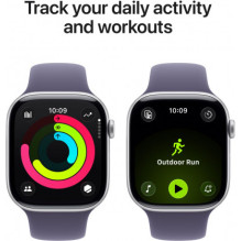 „Apple Watch Series 11“ 42 mm sidabro / violetinės spalvos rūko sportinis dirželis – S / M