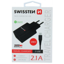 „Swissten Smart IC“ kelioninis įkroviklis, 2 x USB 2.1A + USB-C laidas, juodas