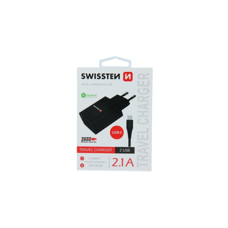 „Swissten Smart IC“ kelioninis įkroviklis, 2 x USB 2.1A + USB-C laidas, juodas