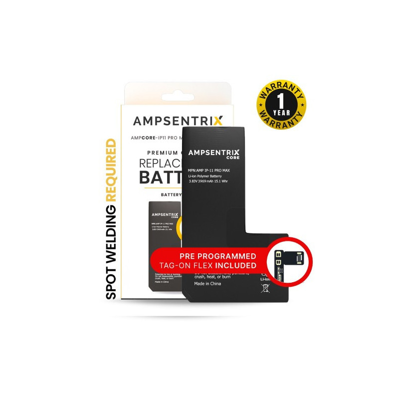 Battery for AMP for iPhone 11 Pro Max (A2218) / 3in1 Package / Including Tag-On Flex