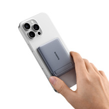 „Baseus PicoGo AM31 Qi2 5000mAh 20W“ itin plonas, „MagSafe“ suderinamas išorinis akumuliatorius su stovu ir „Baseus Simp