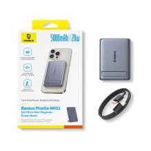 „Baseus PicoGo AM31 Qi2 5000mAh 20W“ itin plonas, „MagSafe“ suderinamas išorinis akumuliatorius su stovu ir „Baseus Simp