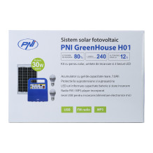 PNI GreenHouse H01 30W saulės fotovoltinė sistema su 12V / 7Ah baterija, USB / radiju / MP3, 2 LED lemputėmis PNI GreenHouse H01 30W saulės fotovoltinė sistema su 12V / 7Ah baterija, USB / radiju / MP3, 2 LED lemputėmis