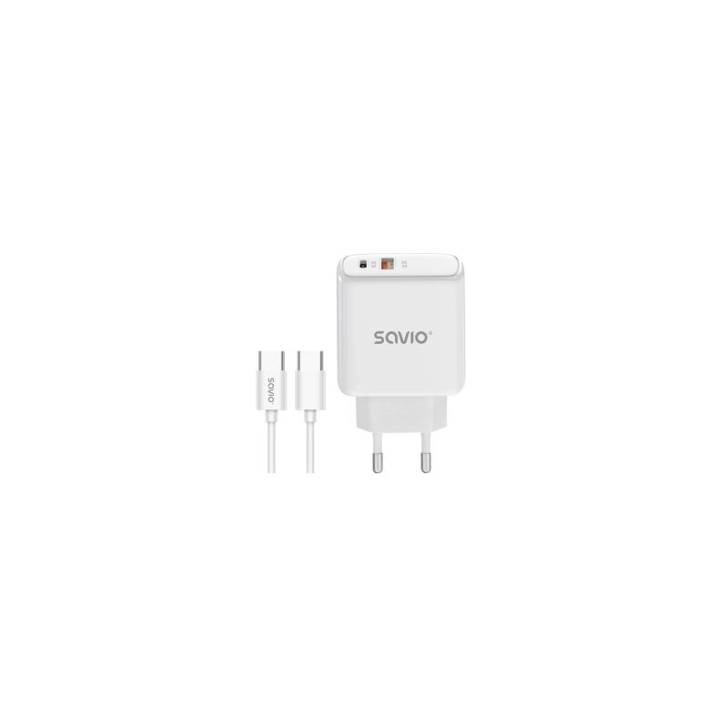 Lādētājs SAVIO Wall Charger 20 W 1× USB-A, 1× USB-C with USB-C 1m cable