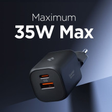 „Spigen Essential EE352EU“ USB-C / USB-A 35 W sieninis įkroviklis – juodas