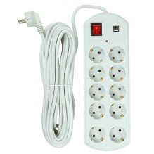 Household extension cord 10m, 10 sockets, 2x USB, with switch
