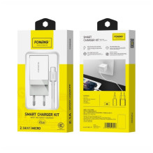 Įkroviklis Foneng K210 2.1A USB-A + USB-A to MicroUSB cable 1.0m baltas