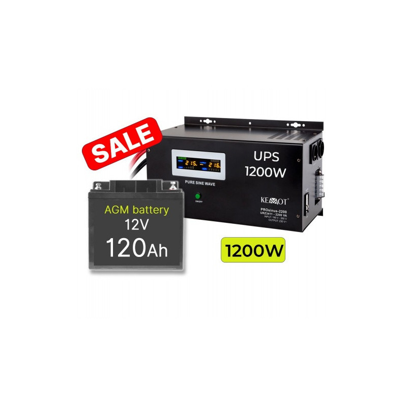 Komplekts: Profesionāls Invertors UPS apkures sistēmai 1600W + 12V 120Ah akum.