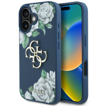 „Guess“ „Grained Roses Big 4G“ logotipo dėklas, skirtas „iPhone 16“ – mėlynas
