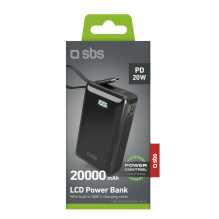 Išorinė baterija SBS 20000 mAh 20W su integruotu USB-C laidu ir skaitmeniniu ekranu - juoda