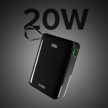 Išorinė baterija SBS 20000 mAh 20W su integruotu USB-C laidu ir skaitmeniniu ekranu - juoda