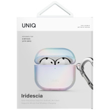 „Uniq Iridescia“ dėklas, skirtas „AirPods 4“ ausinėms, pakabinamas – holografinės baltos spalvos