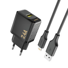 „Dudao A23LEU 2.4A GaN EU USB-A sieninis įkroviklis su USB-A į „Lightning“ laidu – juodas