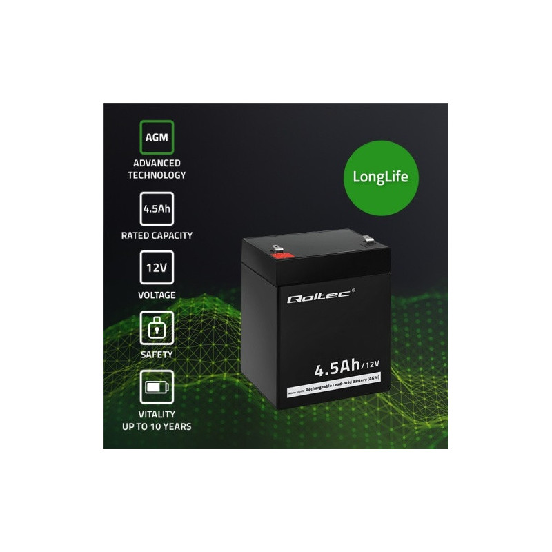 12 V 4,5 Ah akumuliatorius :: AGM :: 12 voltų, 4,5 ampervalandžių (Ah) :: Gnybto tipas T1 (4,75 mm)