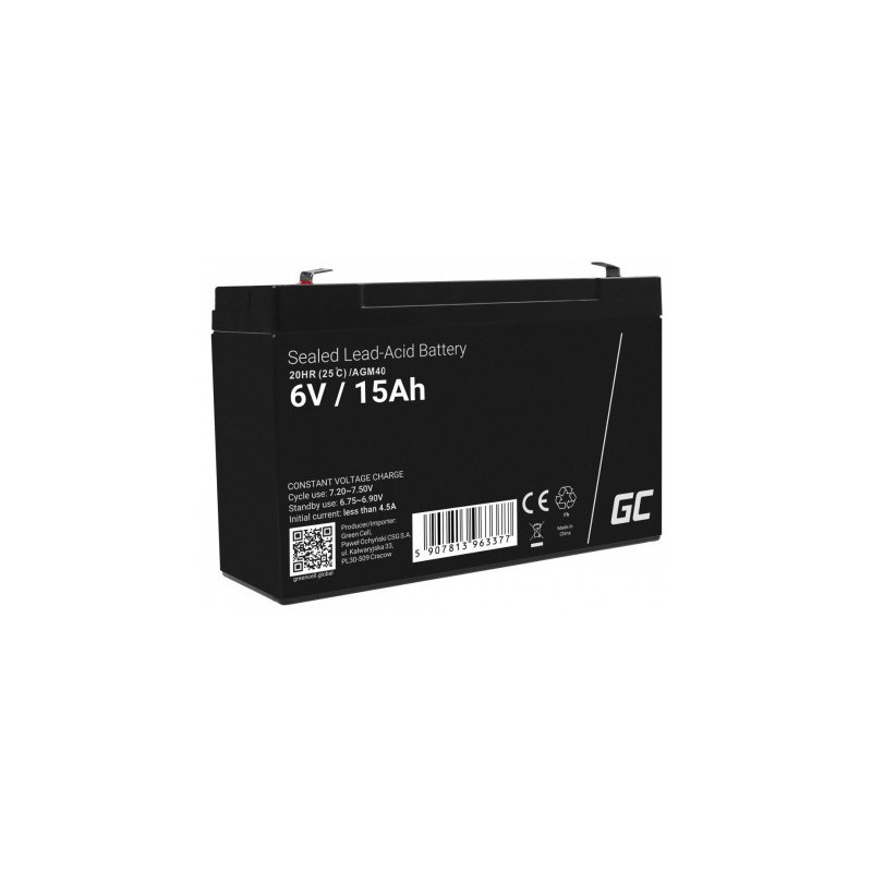 6 V 15 Ah akumuliatorius :: AGM : VRLA :: 6 voltai, 15 ampervalandžių (Ah) :: Gnybto tipas T1 (4,75 mm)