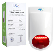 Belaidė lauko sirena PNI SafeHouse HS007LR su baterija ir maitinimo šaltiniu, skirta belaidėms signalizacijos sistemoms