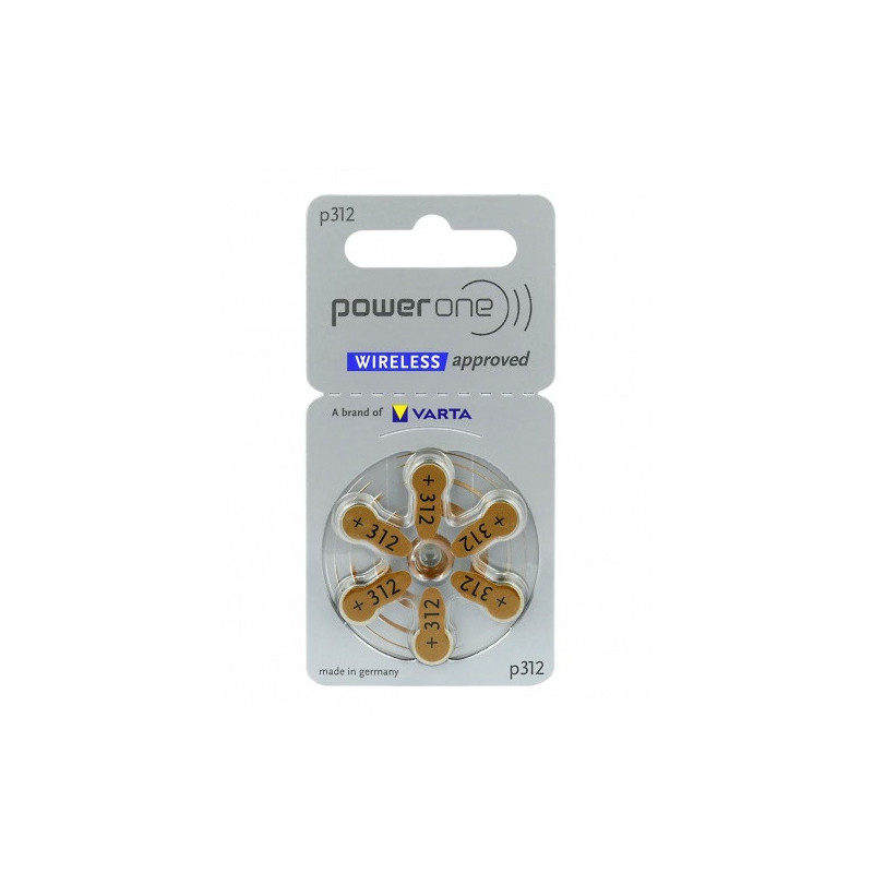 Size 312, Hearing Aid Batteries Power One Varta Zn-Air PR41 Pack of 6 pcs. Type 312 / PR41
