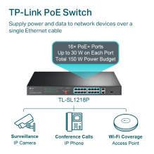 TP-LINK 16-Port 10 / 100 Mbps + 2-Port Gigabit Rackmount Switch with 16-Port PoE+ TL-SL1218P TP-LINK 16-Port 10 / 100 Mbps + 2-Port Gigabit Rackmount Switch with 16-Port PoE+ TL-SL1218P