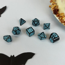 Game Dice Set - Q-WORKSHOP 20 Years Halloween 8 Dice Plastic Black Glossy Turquoise Colors