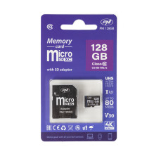 Pakuotėje 2 vnt. PNI MicroSD atminties kortelės PNI 128GB MicroSD atminties kortelė 10 klasė, 80 Mb/s, V30 su SD adapter