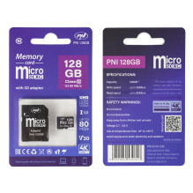 Pakuotėje 2 vnt. PNI MicroSD atminties kortelės PNI 128GB MicroSD atminties kortelė 10 klasė, 80 Mb/s, V30 su SD adapter