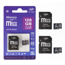Pakuotėje 2 vnt. PNI MicroSD atminties kortelės PNI 128GB MicroSD atminties kortelė 10 klasė, 80 Mb/s, V30 su SD adapter