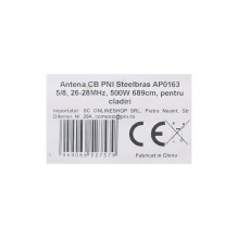 Basic CB antenna PNI Steelbras AP0163, 5 / 8, 26-28MHz, 500W, 5.15dBi, 689cm, wind resistance 150km / h, for buildings Basic CB antenna PNI Steelbras AP0163, 5 / 8, 26-28MHz, 500W, 5.15dBi, 689cm, wind resistance 150km / h, for buildings