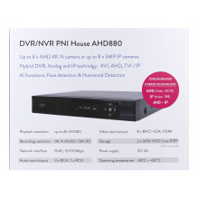 DVR / NVR PNI House AHD880, 8 analoginiai kanalai 4K-N arba 8 IP kanalai 5MP, H265+, garso įvestis, garso išvestis, USB2