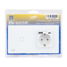 PNI SH115W paprastas stiklinis jungiklis su jutikliniu skydeliu, sujungtas su Schuko lizdu ir USB kištukais PNI SH115W paprastas stiklinis jungiklis su jutikliniu skydeliu, sujungtas su Schuko lizdu ir USB kištukais