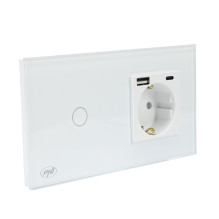 PNI SH115W simple glass switch with touch, combined with Schuko socket and USB plugs PNI SH115W simple glass switch with touch, combined with Schuko socket and USB plugs