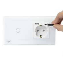 PNI SH115W simple glass switch with touch, combined with Schuko socket and USB plugs PNI SH115W simple glass switch with touch, combined with Schuko socket and USB plugs