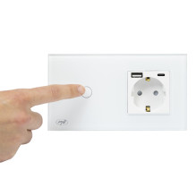 PNI SH115W simple glass switch with touch, combined with Schuko socket and USB plugs PNI SH115W simple glass switch with touch, combined with Schuko socket and USB plugs