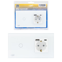PNI SH115W simple glass switch with touch, combined with Schuko socket and USB plugs PNI SH115W simple glass switch with touch, combined with Schuko socket and USB plugs
