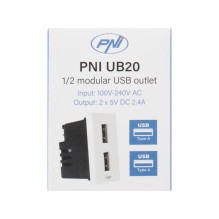 Dvigubas USB lizdas PNI UB20, 5 V, 2,4 A, modulinis, įmontuotas, F 1/2 tipo, stikliniam rėmui RM101W, RM202W Dvigubas USB lizdas PNI UB20, 5 V, 2,4 A, modulinis, įmontuotas, F 1/2 tipo, stikliniam rėmui RM101W, RM202W