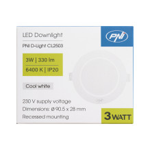 LED prožektorius PNI D-Light CL2503 3W, įleidžiamas, apvalus 9 cm, 6400K, 230 V maitinimo šaltinis, 330 lm, šaltai balta LED prožektorius PNI D-Light CL2503 3W, įleidžiamas, apvalus 9 cm, 6400K, 230 V maitinimo šaltinis, 330 lm, šaltai balta