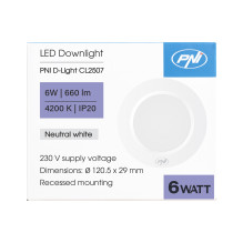 PNI D-Light CL2507 6W LED prožektorius, įleidžiamas, apvalus 12 cm, 4200K, 230 V maitinimo šaltinis, 660 lm, neutrali ba PNI D-Light CL2507 6W LED prožektorius, įleidžiamas, apvalus 12 cm, 4200K, 230 V maitinimo šaltinis, 660 lm, neutrali ba