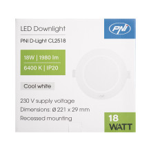 LED prožektorius PNI D-Light CL2518 18W, įleidžiamas, apvalus 22 cm, 6400K, 230 V maitinimo šaltinis, 1980 lm, šaltai ba LED prožektorius PNI D-Light CL2518 18W, įleidžiamas, apvalus 22 cm, 6400K, 230 V maitinimo šaltinis, 1980 lm, šaltai ba