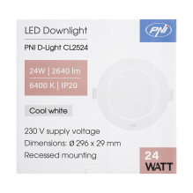 PNI D-Light CL2524 24W LED prožektorius, įleidžiamas, apvalus 29 cm, 6400K, 230 V maitinimo šaltinis, 2640 lm, šaltai ba