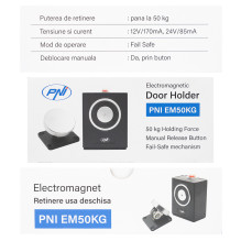 Elektromagnetas durims laikyti atidarytas PNI EM50KG Apsaugotas nuo gedimų, montuojamas ant sienos, 12/24 V, atidarymo j