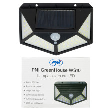 LED saulės lempa PNI GreenHouse WS10, 100 LED, 600 lm, PIR kampas 120 laipsnių, baterija 1800 mAh, montuojama ant sienos
