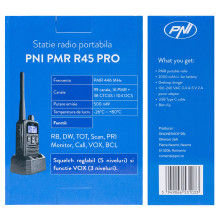 Portable radio station PNI PMR R45 PRO 446MHz, 0.5W, 32 programmable channels, 16 PMR and 38 CTCSS and 104 DCS tones, IP Portable radio station PNI PMR R45 PRO 446MHz, 0.5W, 32 programmable channels, 16 PMR and 38 CTCSS and 104 DCS tones, IP