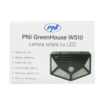LED saulės lempa PNI GreenHouse WS10, 100 LED, 600 lm, PIR kampas 120 laipsnių, baterija 1800 mAh, montuojama ant sienos