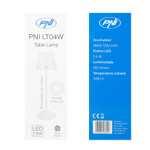 PNI LT04W table lamp with LED 2.5W, battery 1200 mAh, charging via USB-C, 150 lumens, warm white light 3000K, color Whit PNI LT04W table lamp with LED 2.5W, battery 1200 mAh, charging via USB-C, 150 lumens, warm white light 3000K, color Whit